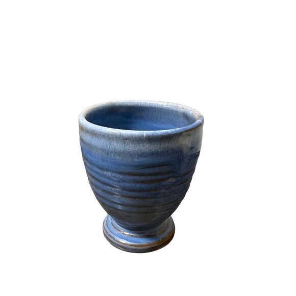 Bargain John Shearwater Pottery 3.375 Inch White Enamel with Blue Pine Cone Medium Goblet
